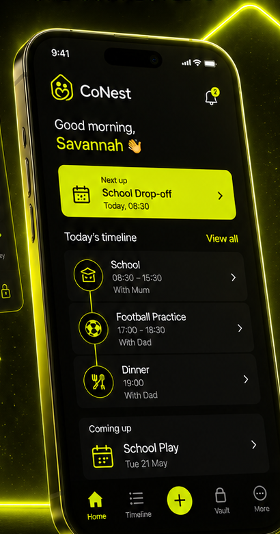 CoNest mobile co-parenting app dashboard for separated parents